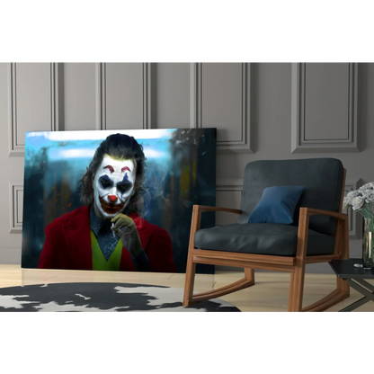 Vibrant Joker glass wall art on moody blue background