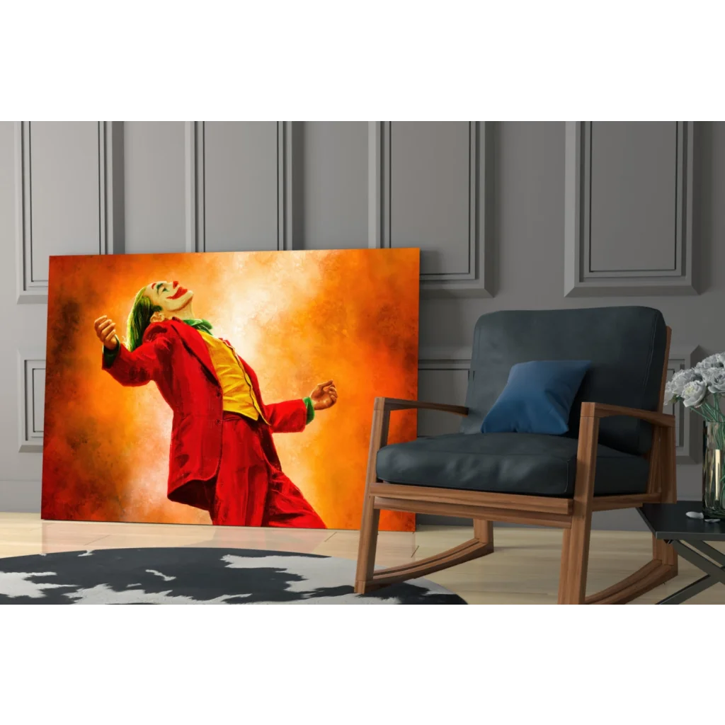 Dynamic Joker in red and yellow on fiery orange glass wall art