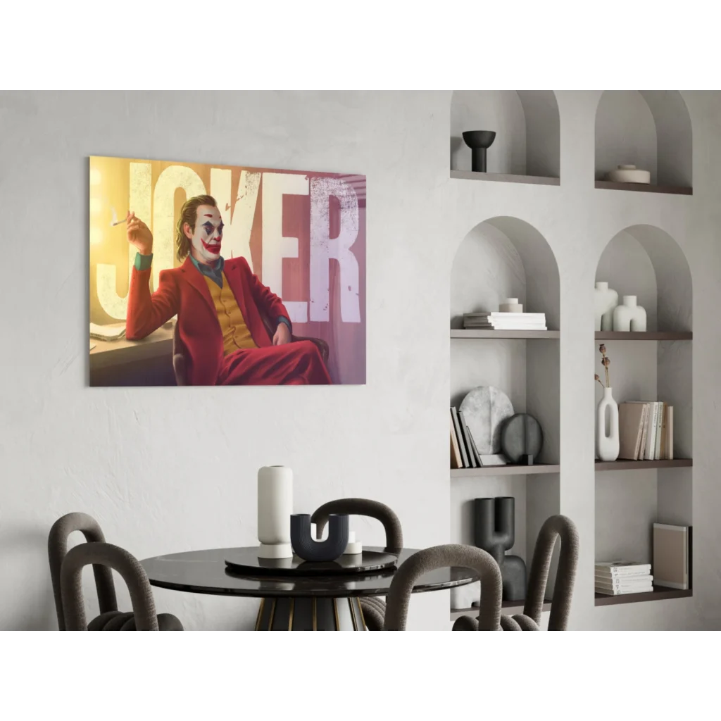 Vibrant Joker wall art canvas print in bold red suit and yellow vest