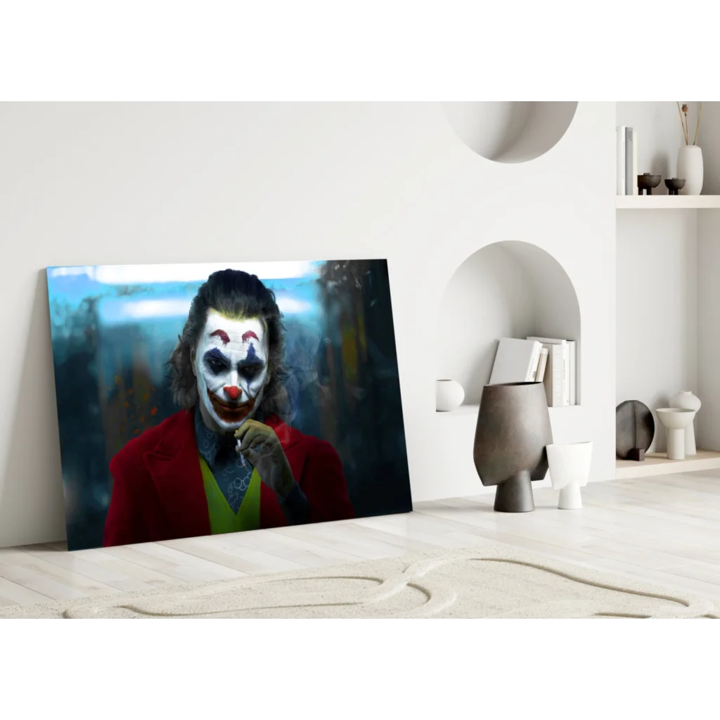 Joker in red coat glass wall art on vibrant canvas print