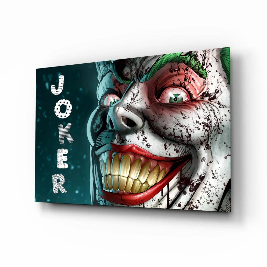 Vibrant Joker Grin canvas wall art with menacing red lips and green eyes