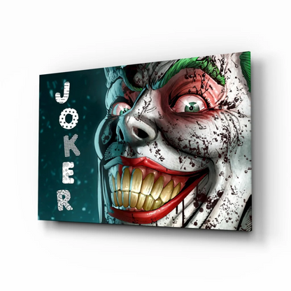 Vibrant Joker Grin canvas wall art with menacing red lips and green eyes