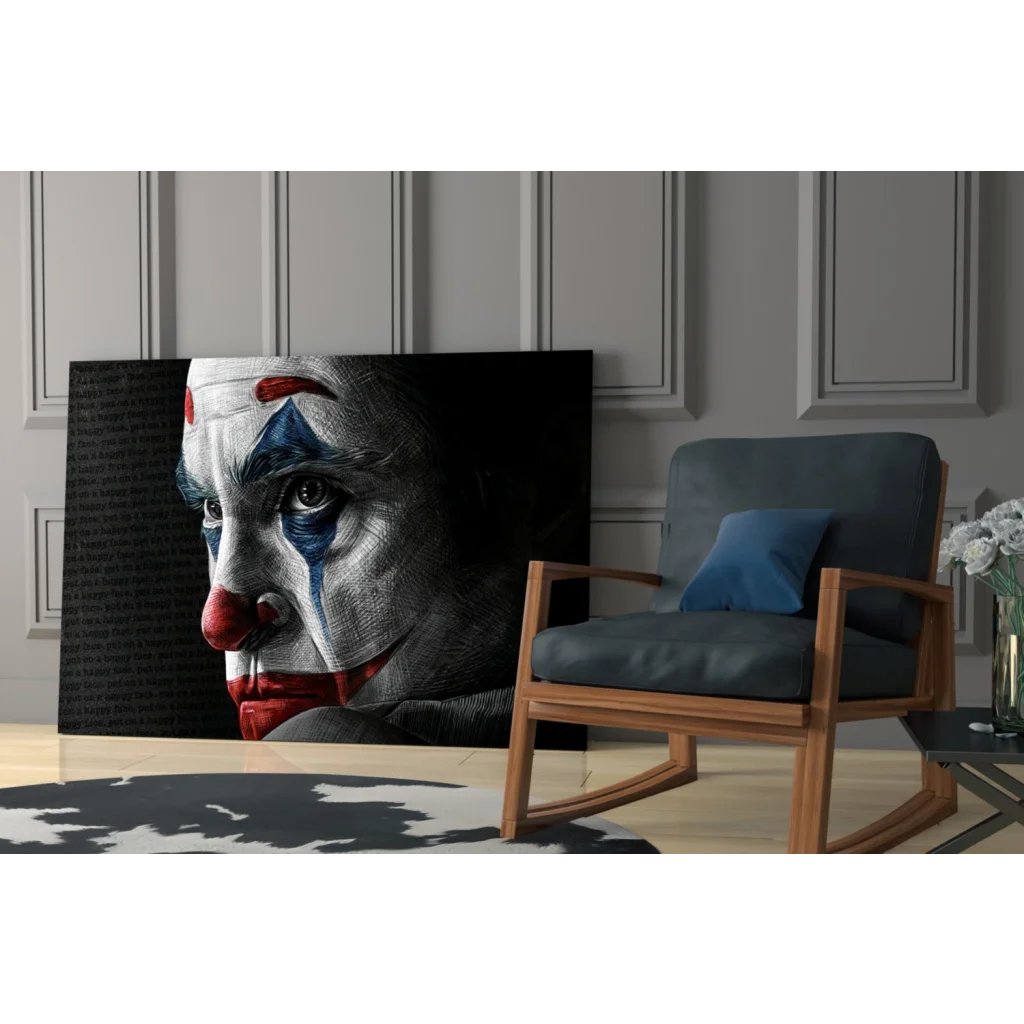 Joker face paint canvas wall art in bold red blue white