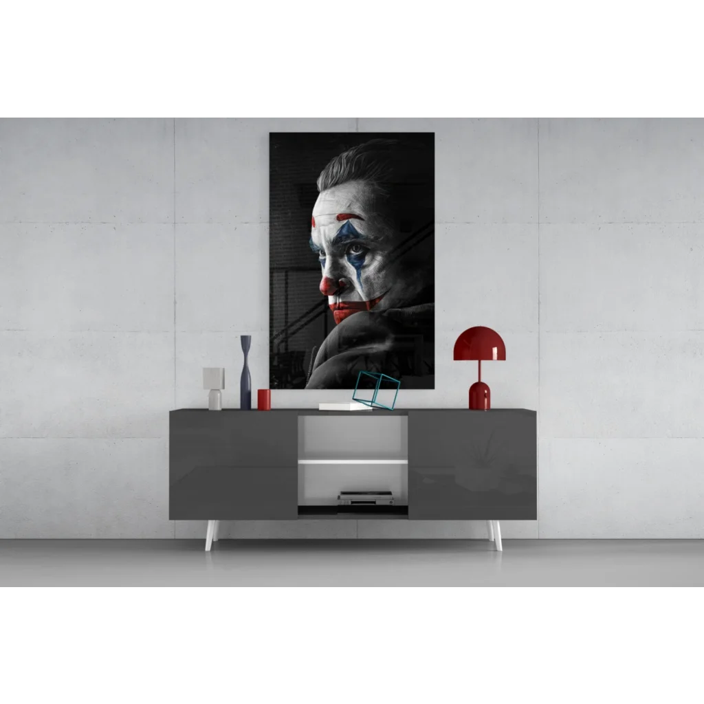 Striking Joker black-and-white canvas wall art with bold red and blue accents