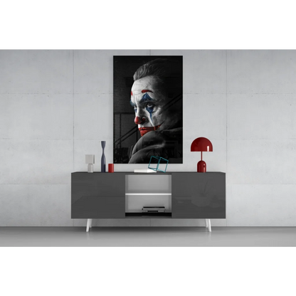 Striking Joker black-and-white canvas wall art with bold red and blue accents