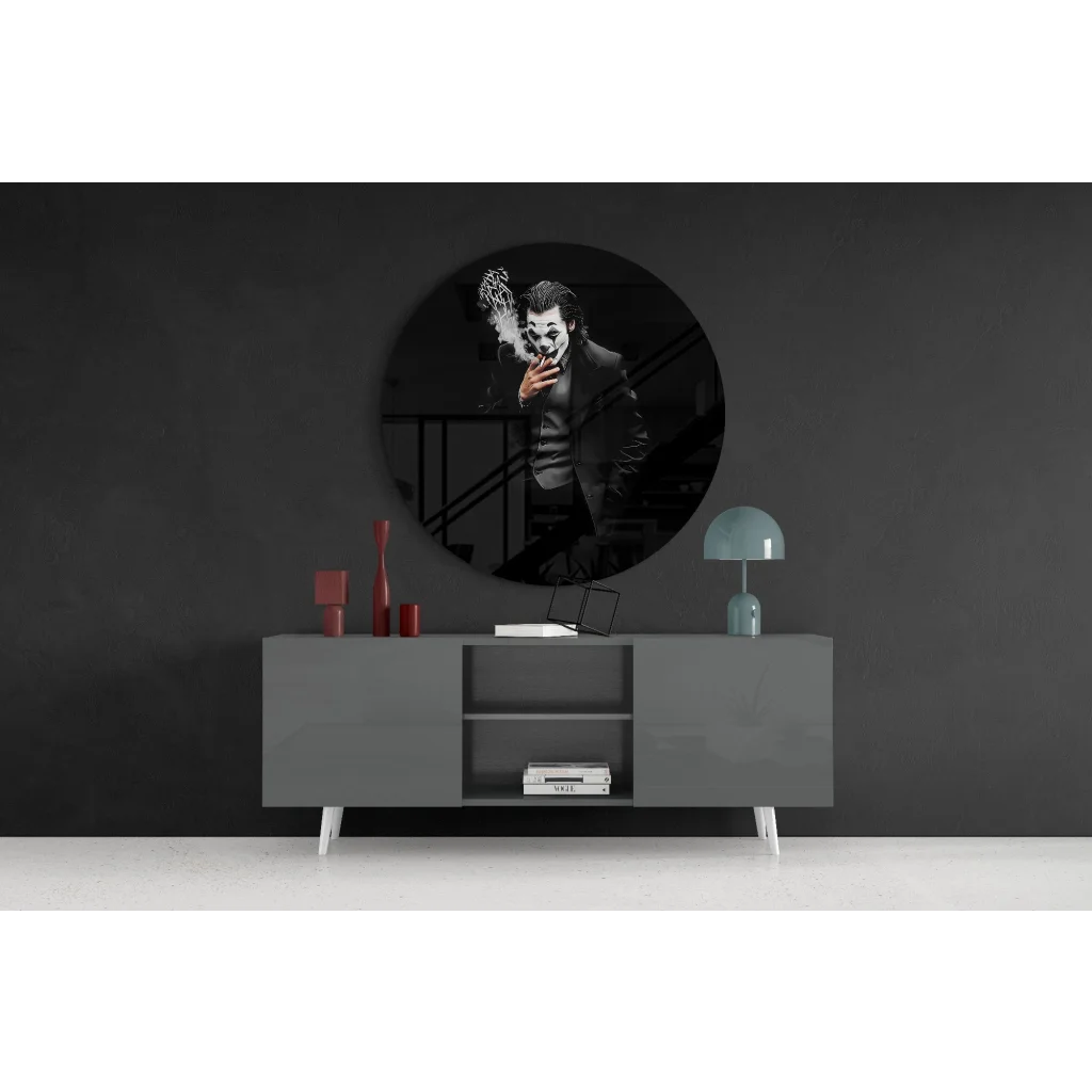 Joker smoking in black-and-white tempered glass art circle wall decor