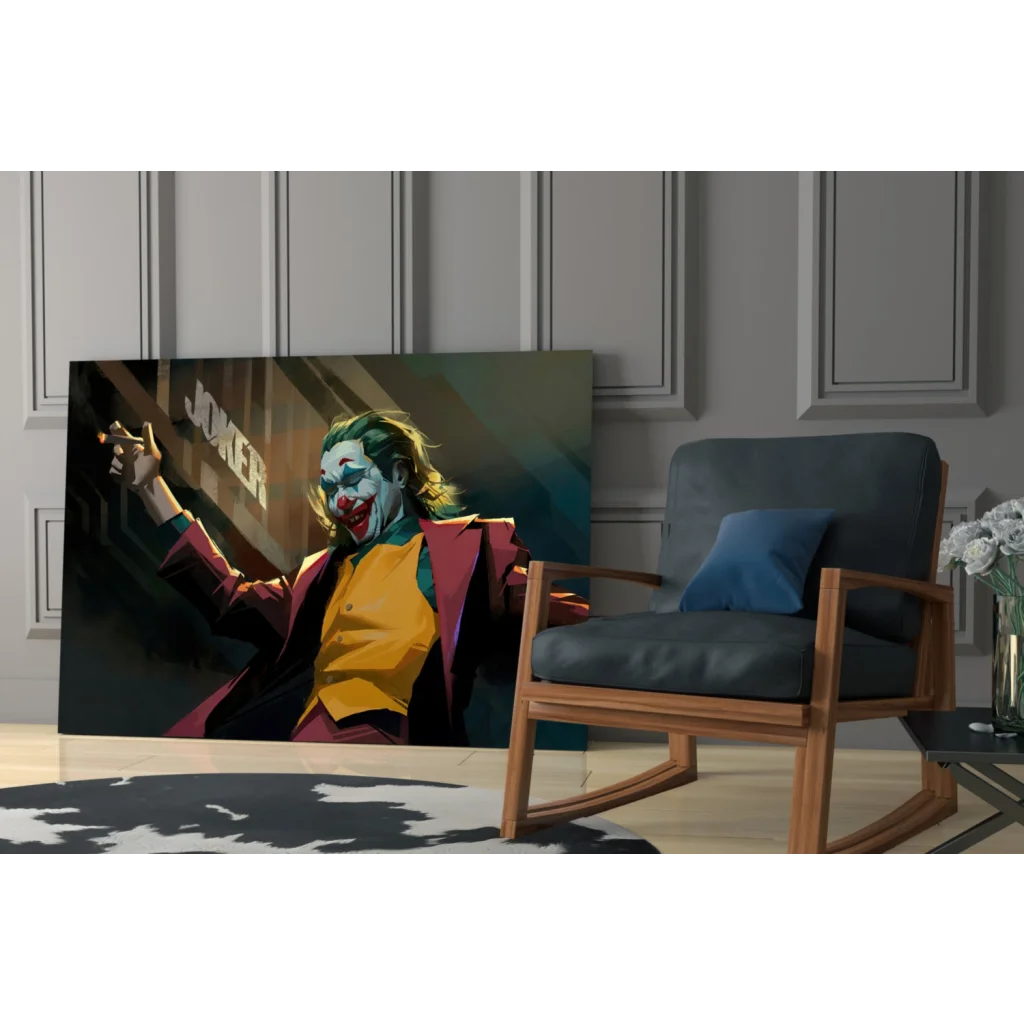 Vibrant Joker wall art canvas print in bold maroon suit with cigarette