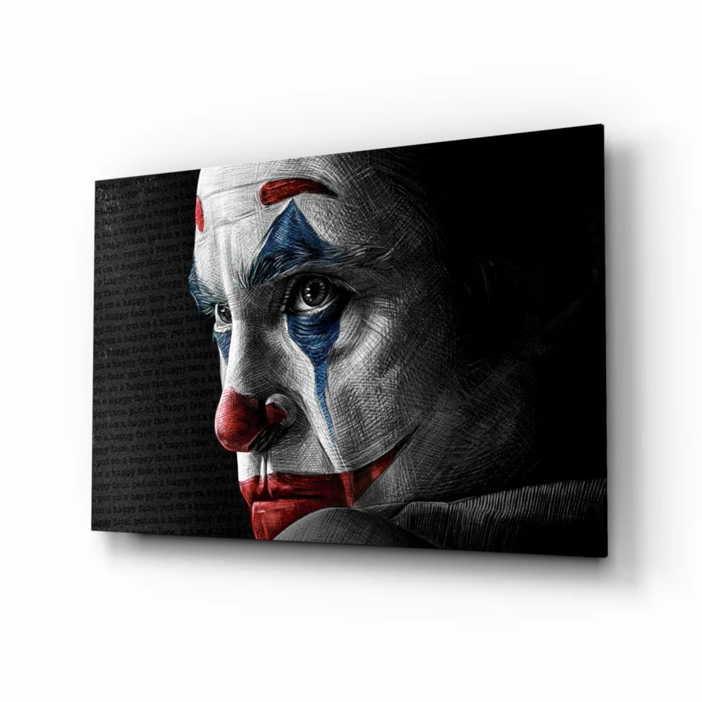 Joker close-up portrait canvas wall art in bold red blue white paint