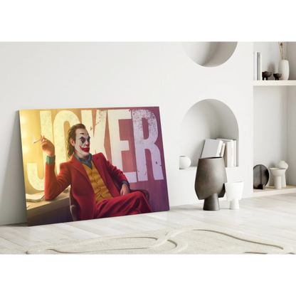 Vibrant Joker canvas wall art in bold red yellow suit
