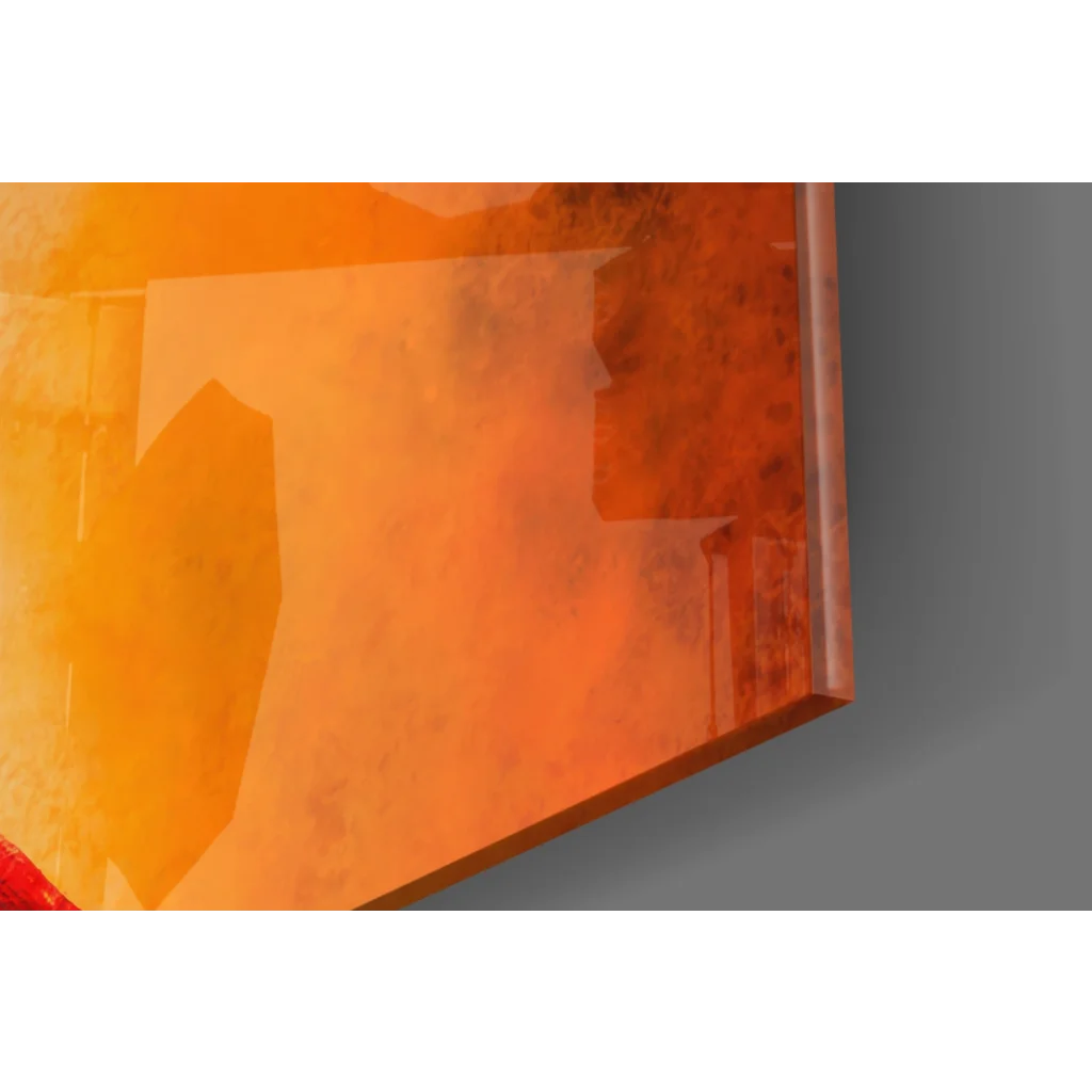 Fiery orange Joker glass wall art with abstract textured gradients