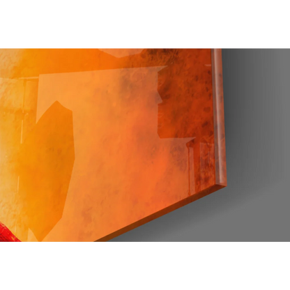 Fiery orange Joker glass wall art with abstract textured gradients