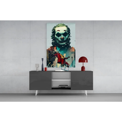 Vibrant Joker glass wall art print in teal and red palette