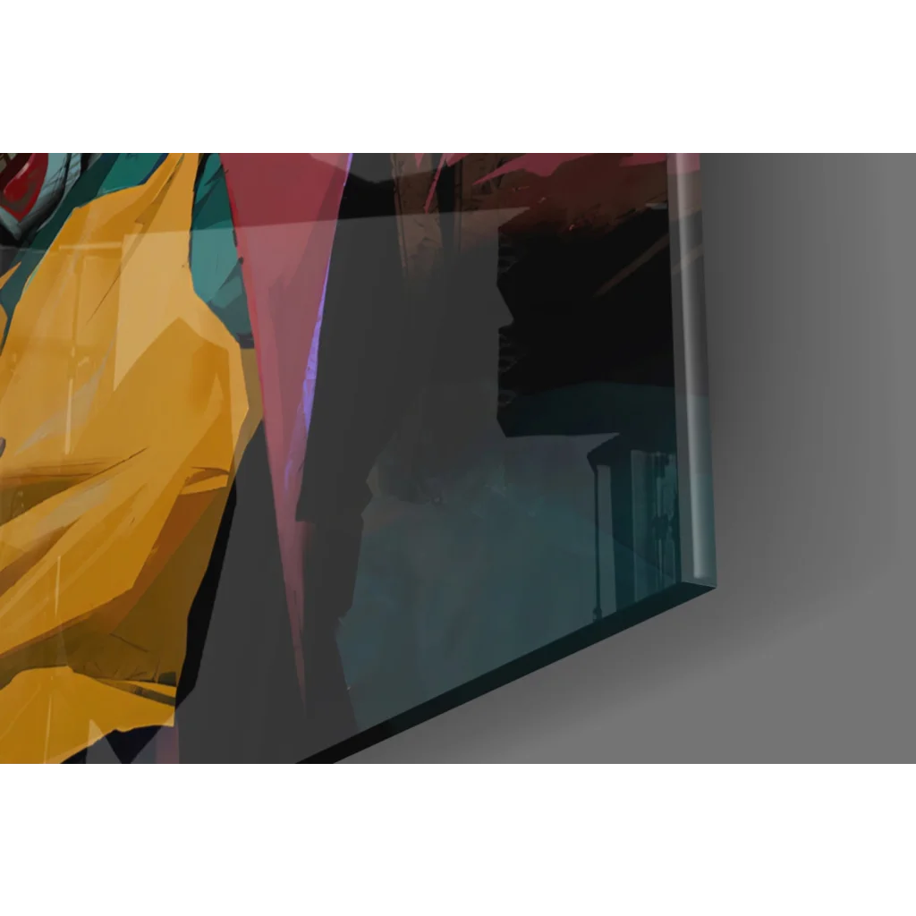 Vibrant Joker in bold maroon suit with cigarette, yellow teal geometric wall art on dark background