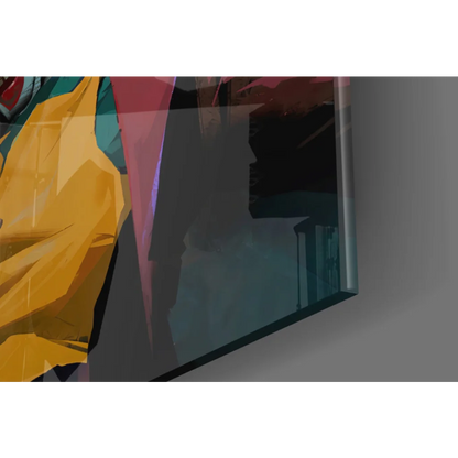 Vibrant Joker in bold maroon suit with cigarette, yellow teal geometric wall art on dark background