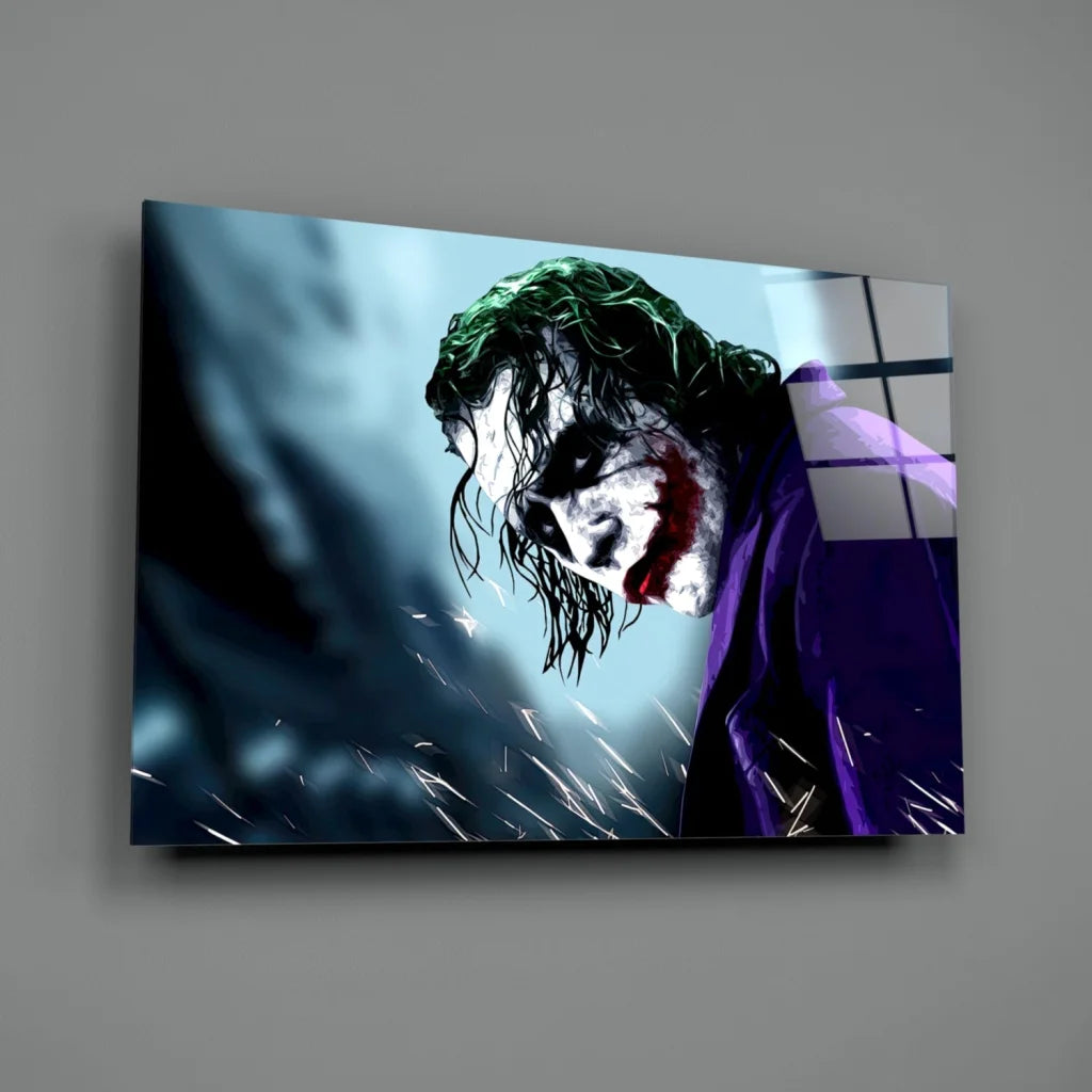 Vibrant Joker glass wall art print with green hair on blue background