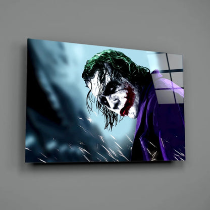 Vibrant Joker glass wall art print with green hair on blue background