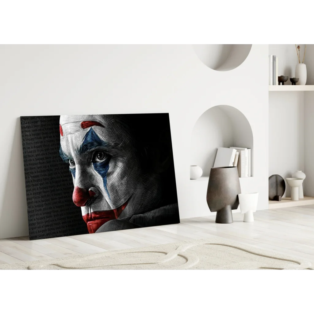 Joker face paint canvas wall art in bold red blue white