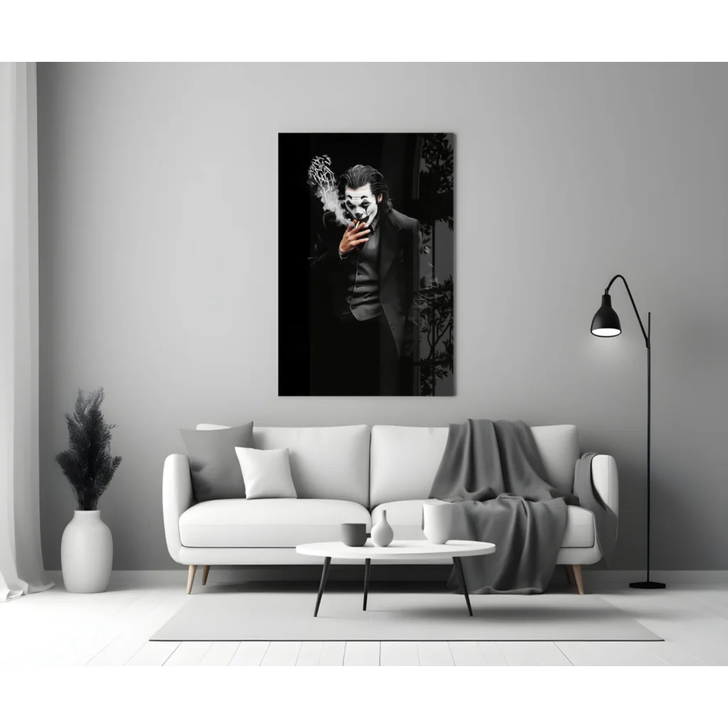 Black and white Joker smoking canvas wall art print on gray wall