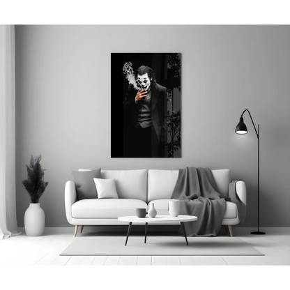 Black and white Joker smoking canvas wall art print on gray wall