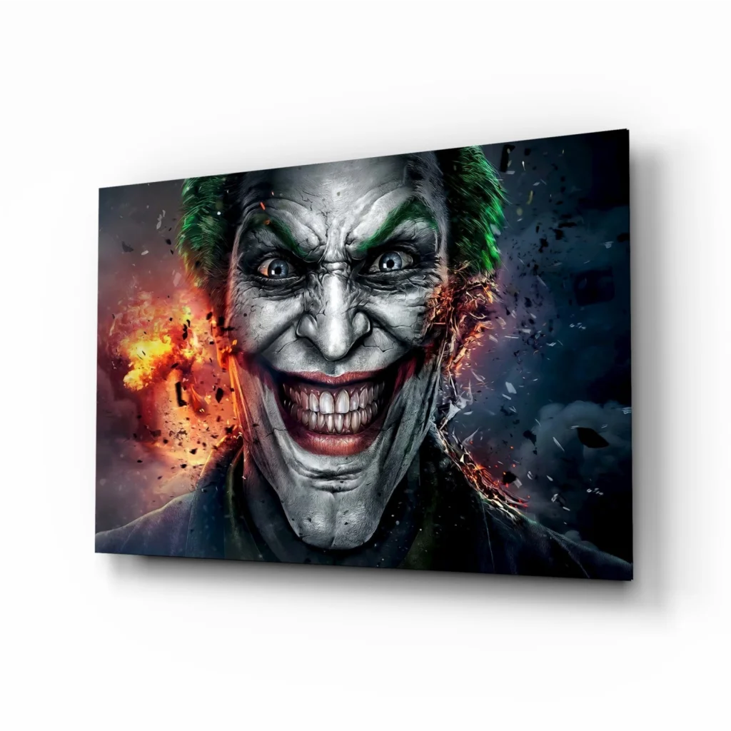 Vibrant Joker with green hair and grin on explosive glass wall art canvas print