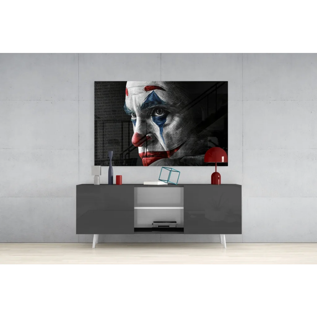 Joker face wall art canvas print in bold red blue white