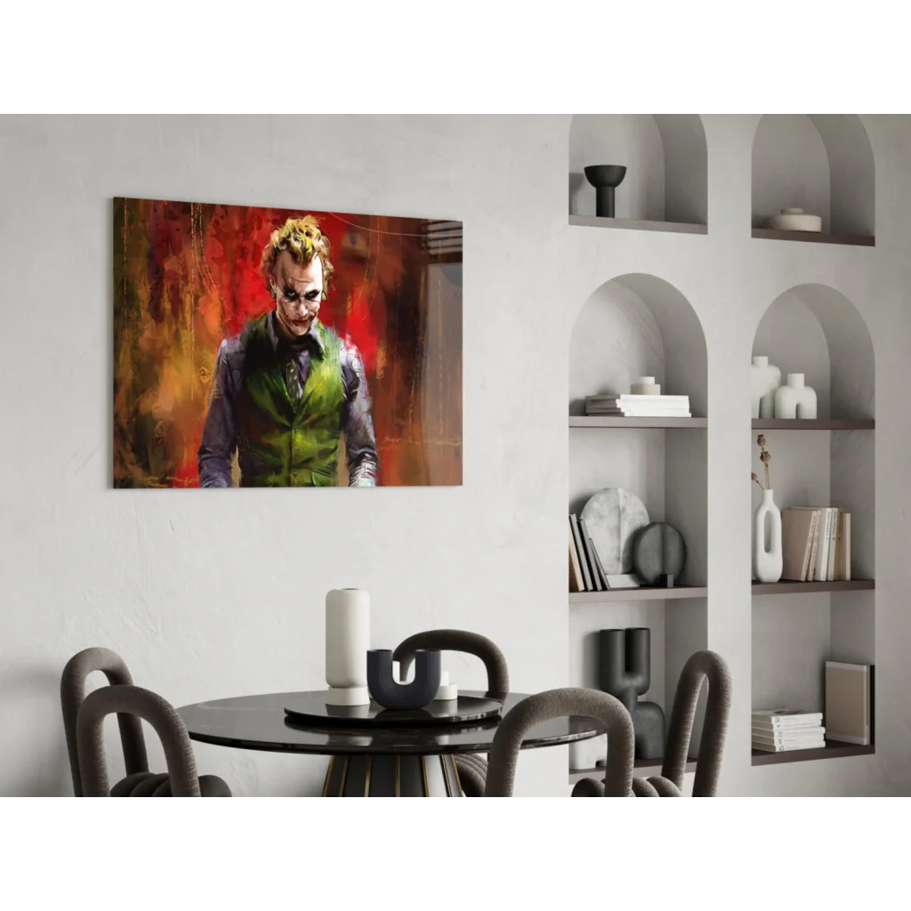 Vibrant Joker wall art canvas print with fiery red background