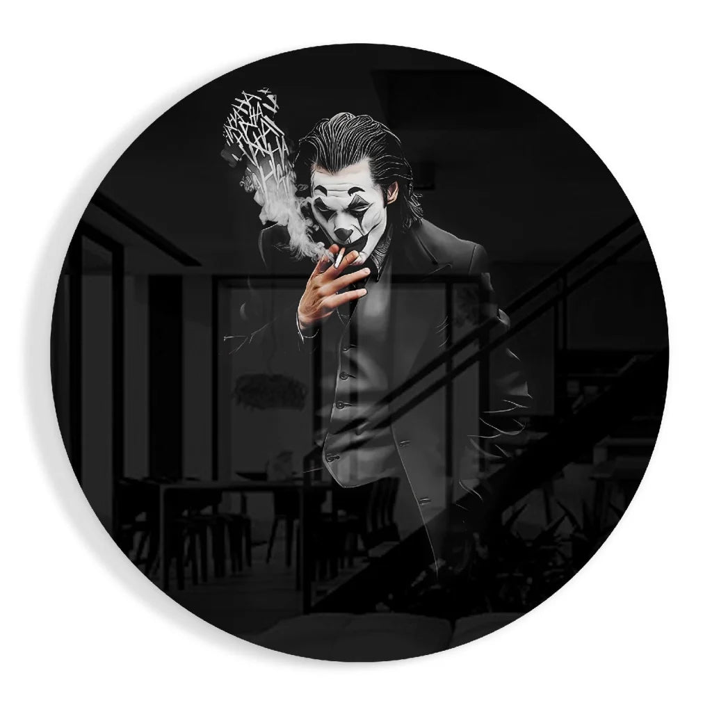 Joker smoking in black-and-white tempered glass art circle wall decor