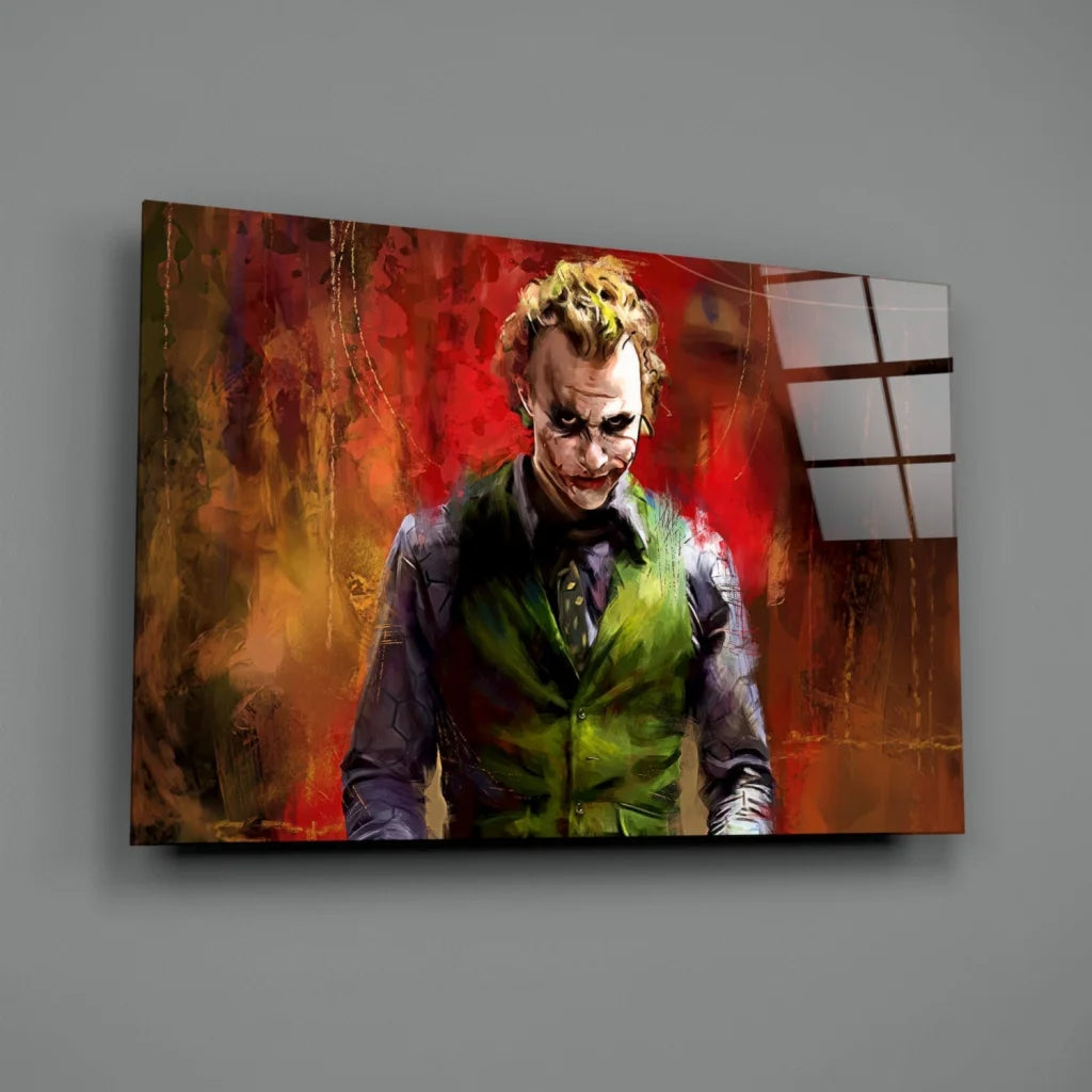 Vibrant Joker canvas wall art with fiery red background in green vest