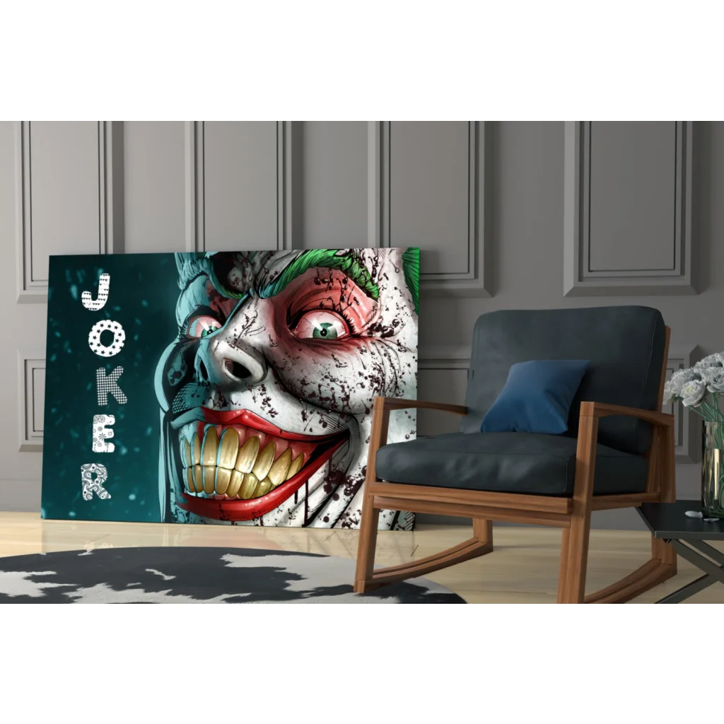 Vibrant Joker grin canvas wall art with bold red lips and green hair on dark teal background