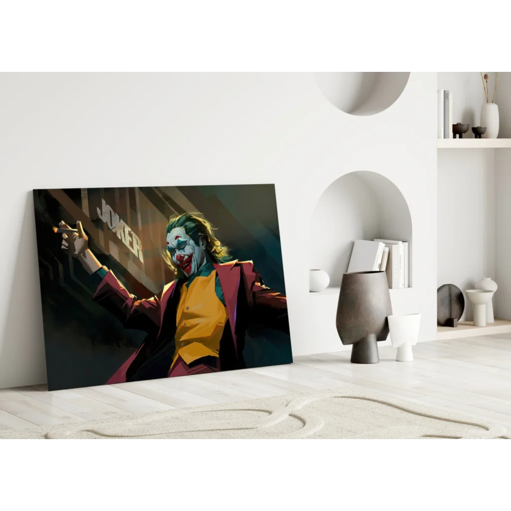 Joker in maroon suit and yellow vest canvas wall art with cigarette