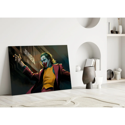 Joker in maroon suit and yellow vest canvas wall art with cigarette