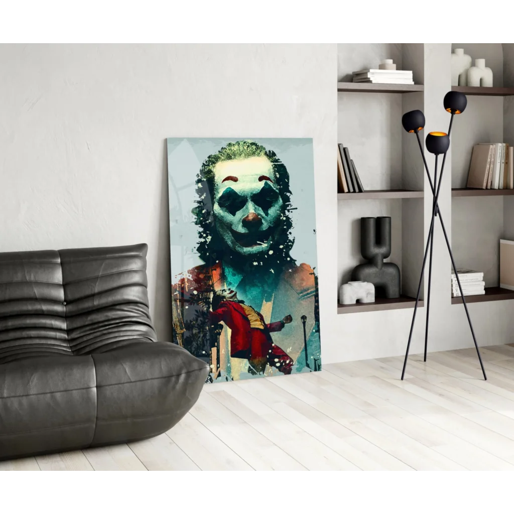 Vibrant Joker glass wall art print in teal and red palette