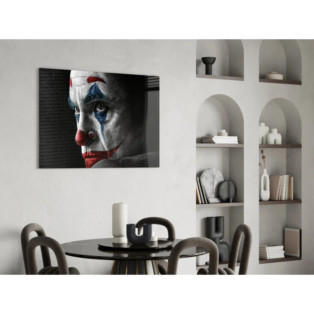 Joker face paint canvas wall art in bold red blue white