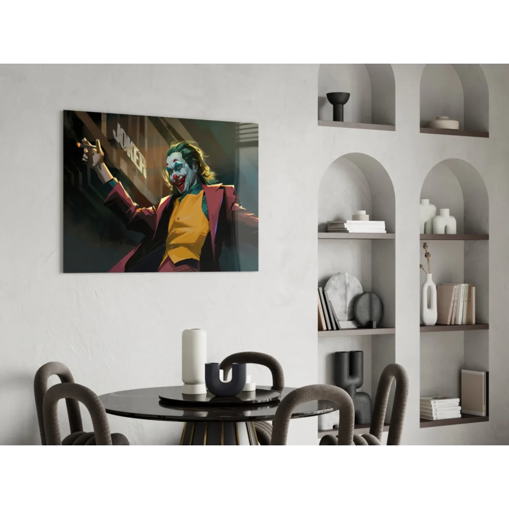 Vibrant Joker wall art canvas print in bold maroon suit with cigarette