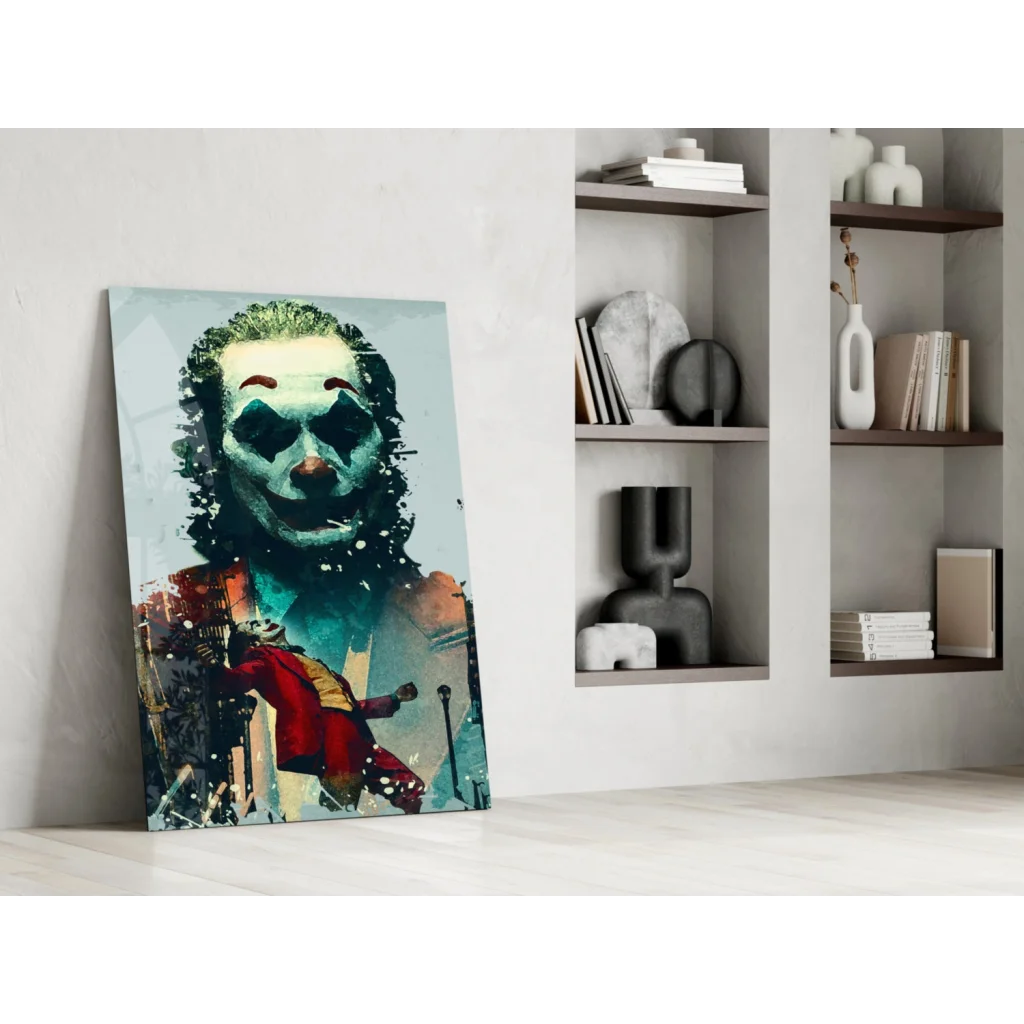 Vibrant Joker glass wall art print in teal red with paint splatters