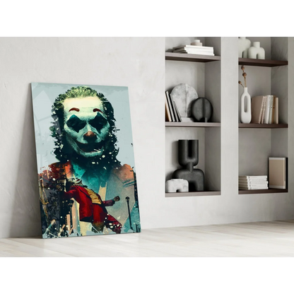 Vibrant Joker glass wall art print in teal red with paint splatters