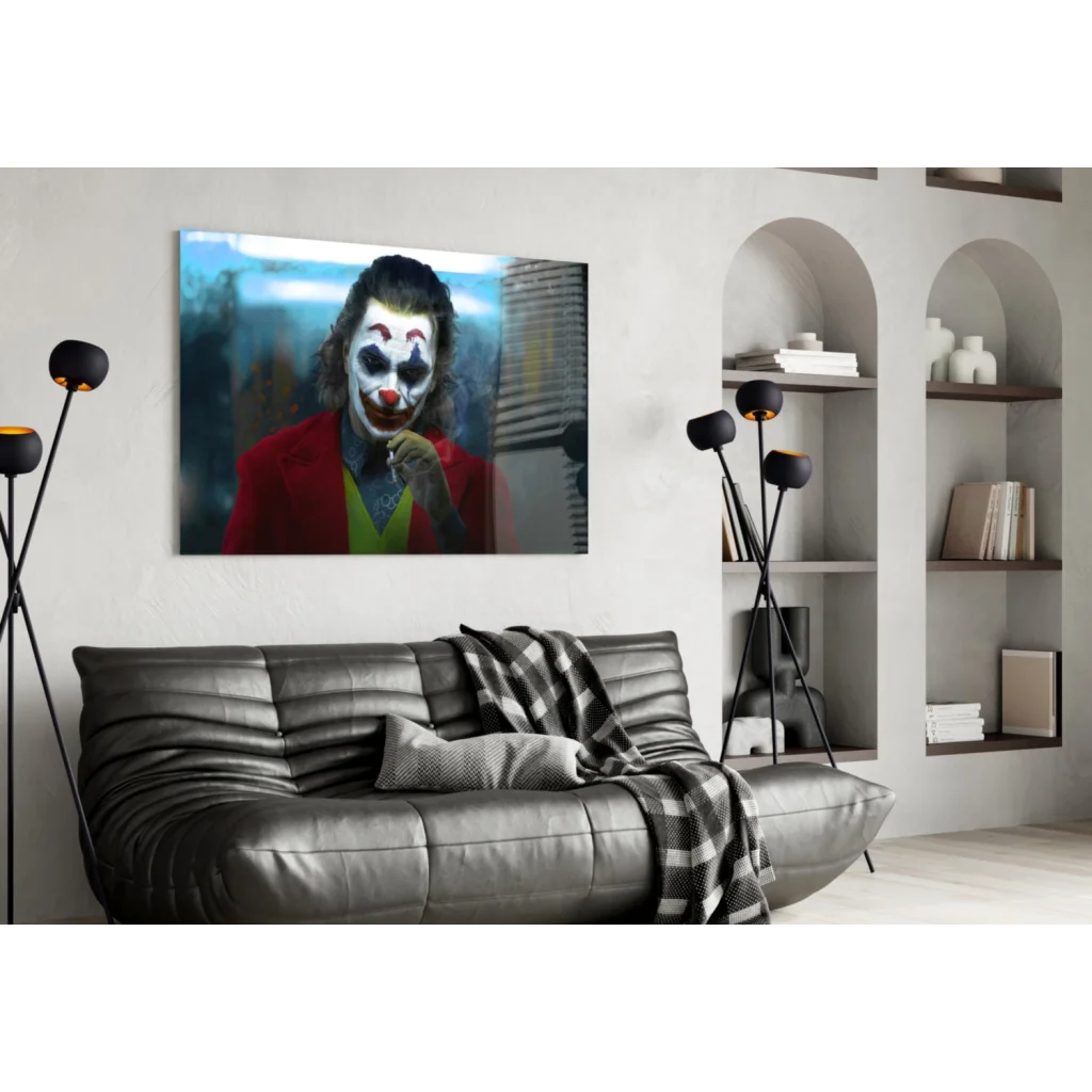 Joker glass wall art print in red coat and white face paint