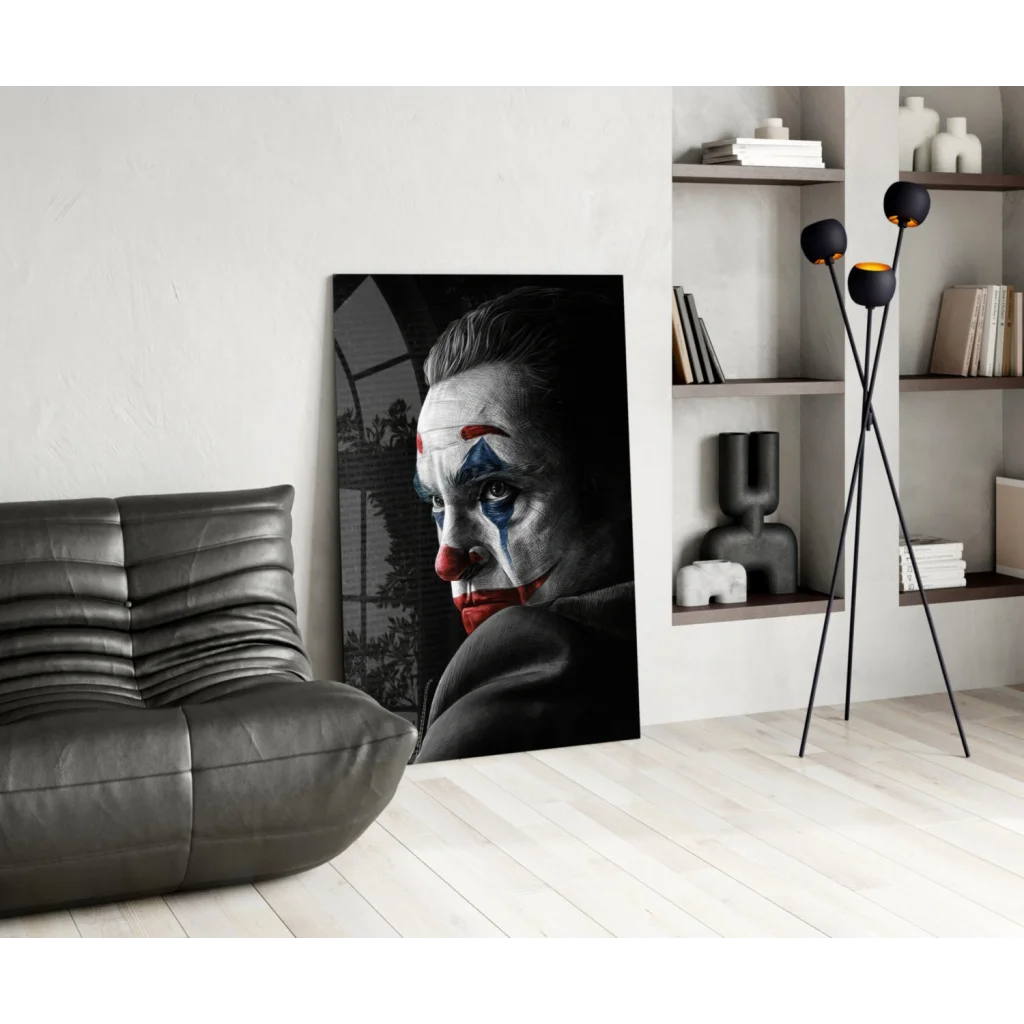 Joker canvas wall art portrait with bold red and blue accents