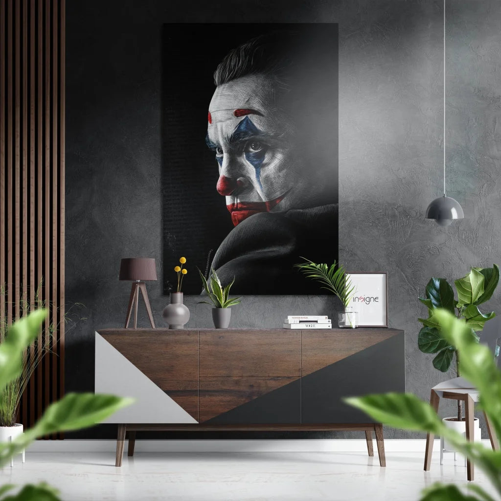 Black and white Joker portrait on brushed aluminium dibond wall art