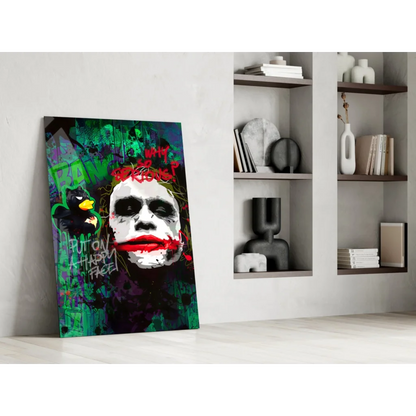 Vibrant Joker graffiti wall art canvas with bold red lips on chaotic green black purple background