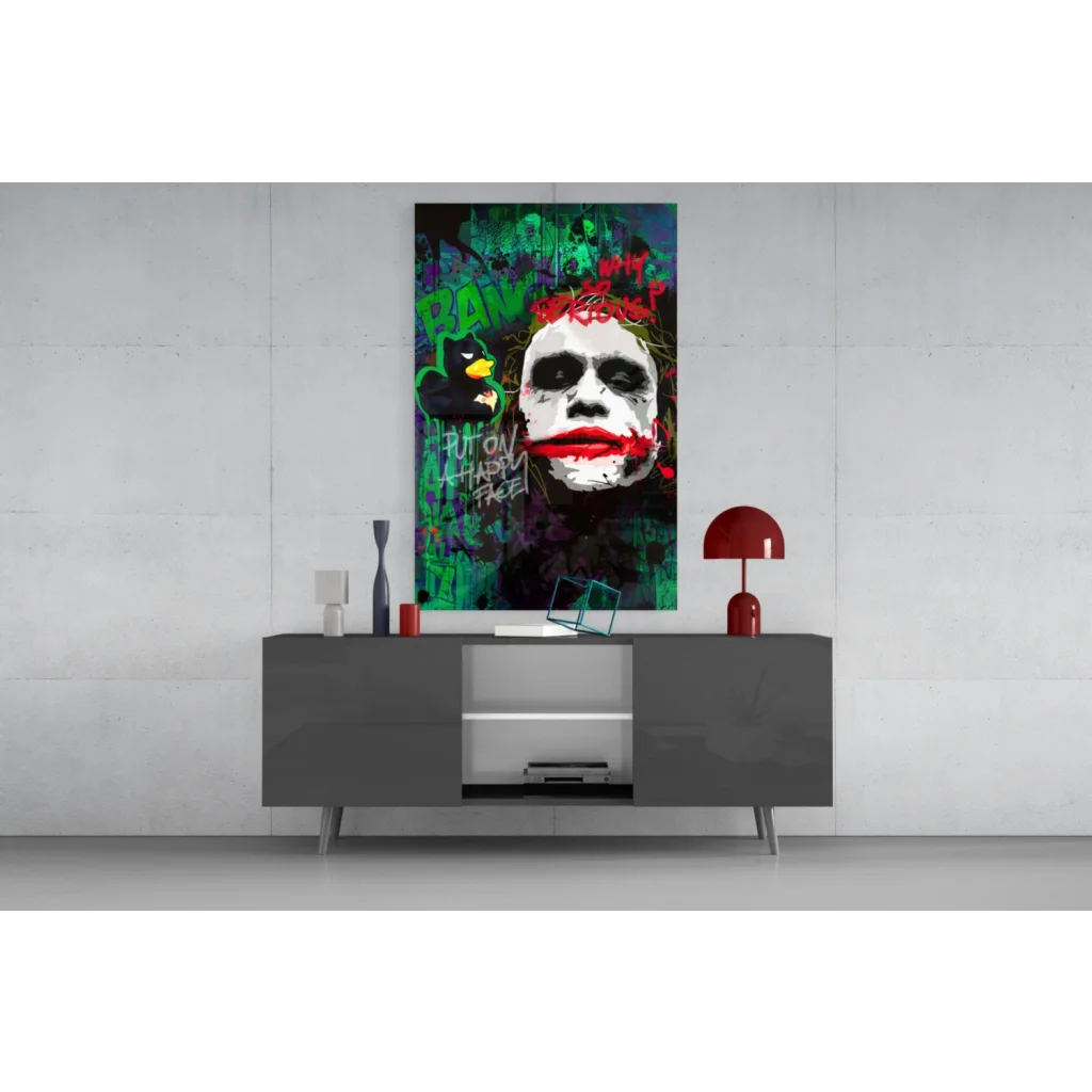 Joker graffiti canvas wall art with bold green black splatter and ban text