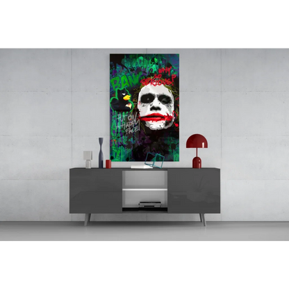 Joker graffiti canvas wall art with bold green black splatter and ban text