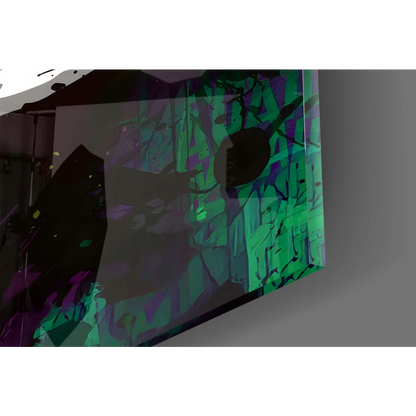 Vibrant joker graffiti wall art with bold green, purple, black splashes