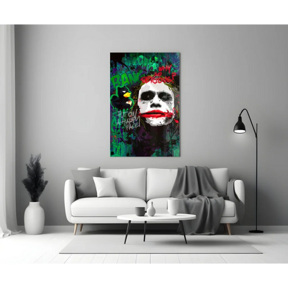 Vibrant Joker graffiti canvas wall art with bold red lips and splatters