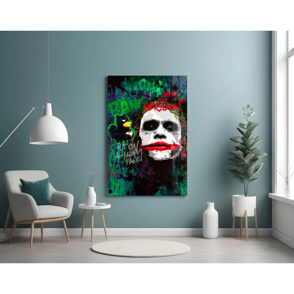 Vibrant Joker graffiti canvas wall art with bold red lips and green splatters