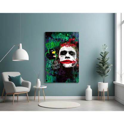 Vibrant Joker graffiti canvas wall art with bold red lips and green splatters