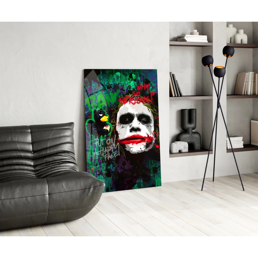Joker graffiti wall art canvas print with bold red lips on chaotic green purple black background