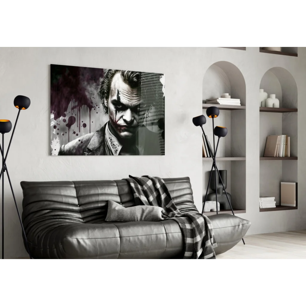 Leather couch with Joker splatter black and white wall art blanket