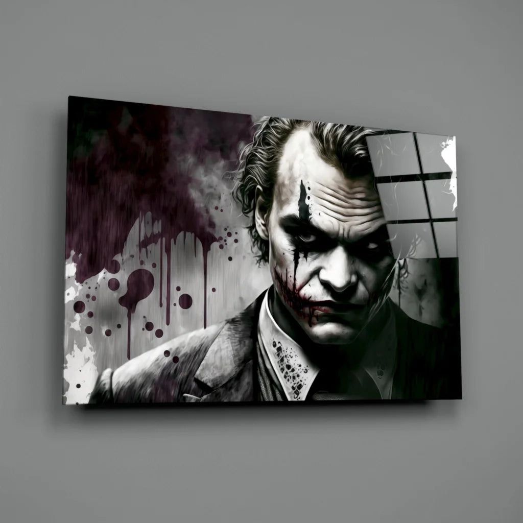Joker splatter canvas wall art in black and white with blood effect