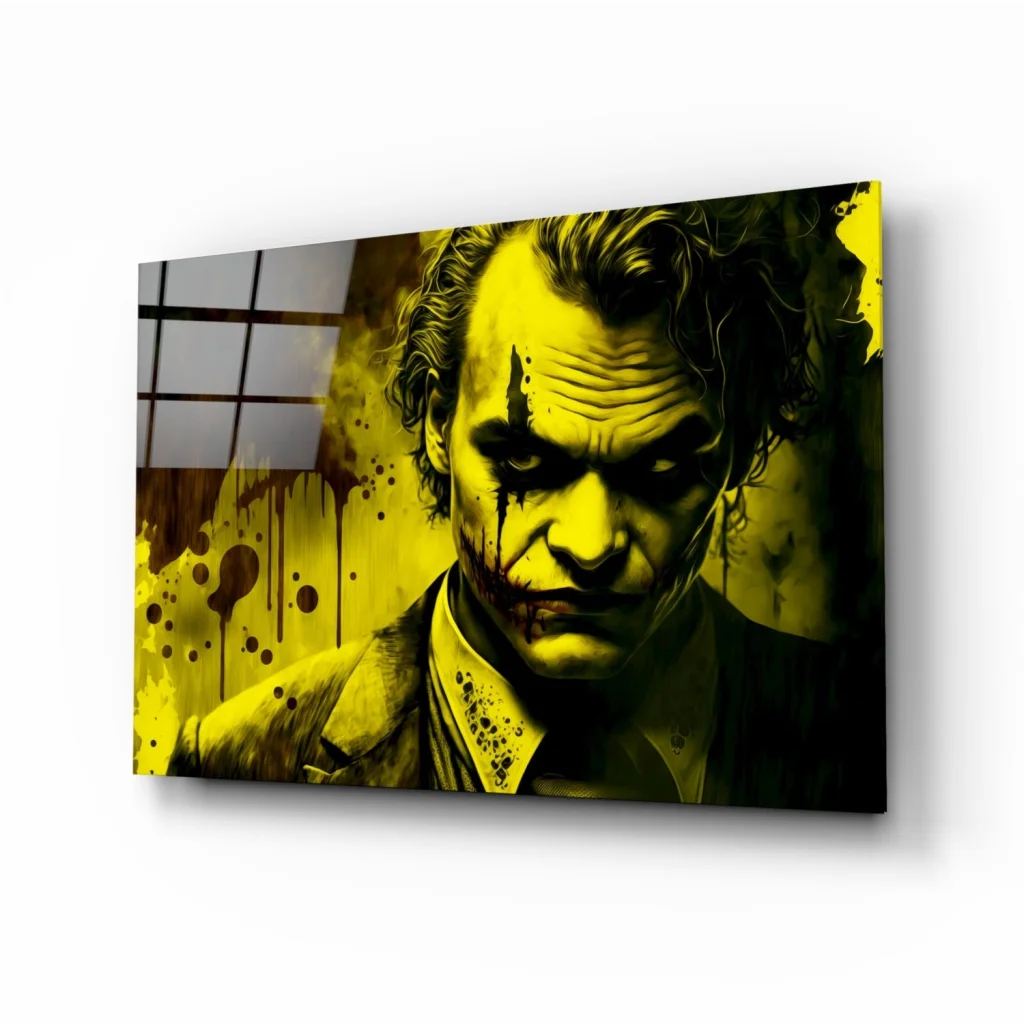 Yellow and black Joker splatter canvas wall art with Joaquin Phoenix
